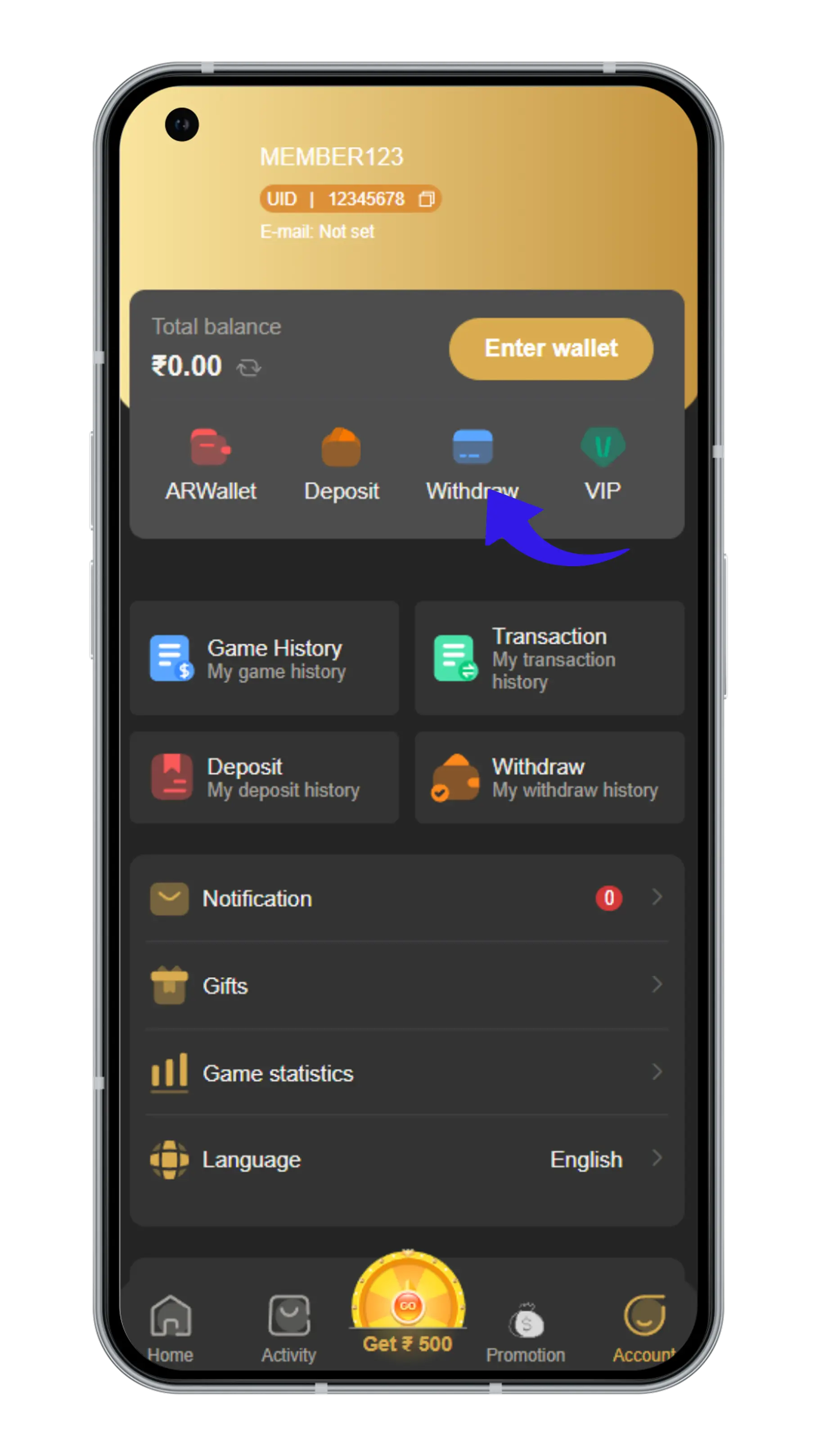 Step 2: Click on the Wallet Tab.